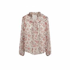 LOFT Women’s XS Floral Blouse Cream Pink Long Sleeve Ruffle Neck Sheer Top